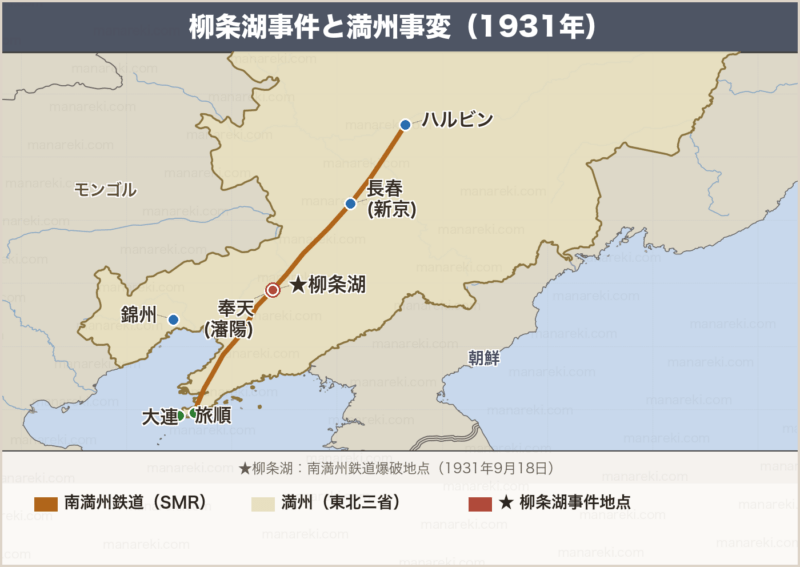 柳条湖事件と満州事変の地図（南満州鉄道・主要都市）