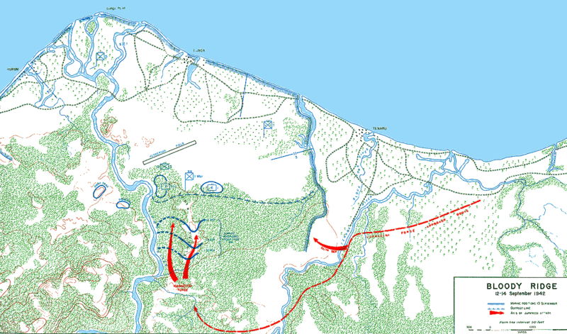 ガダルカナル島の戦いでの川口隊の行動図