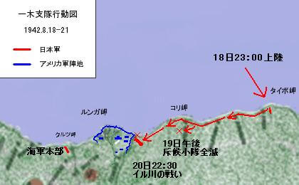 ガダルカナル島の戦いでの一木隊の行動図