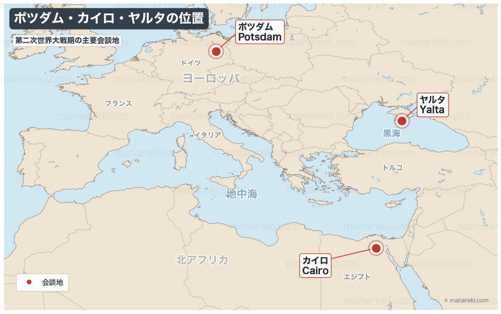 カイロ・テヘラン・ヤルタ・ポツダム会談の位置を示す地図