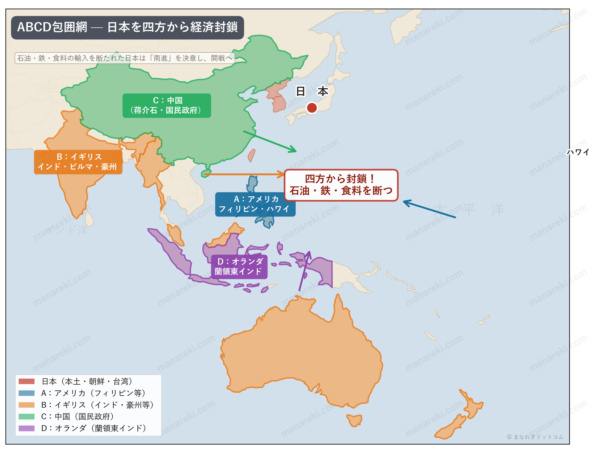ABCD包囲網の地理的配置図
