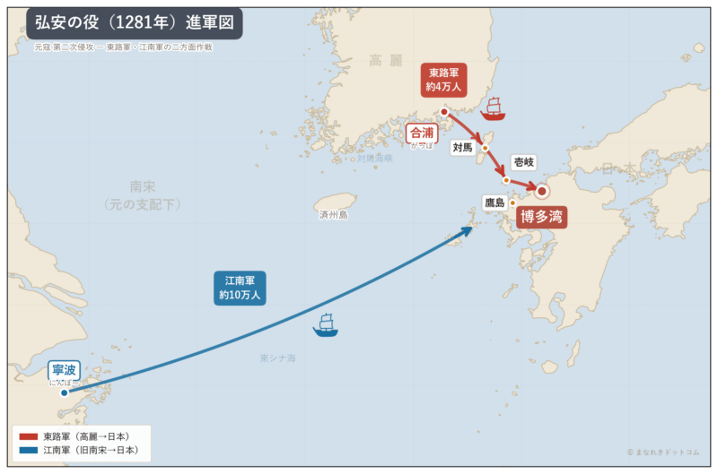 弘安の役 進軍図 東路軍・江南軍の二方面作戦