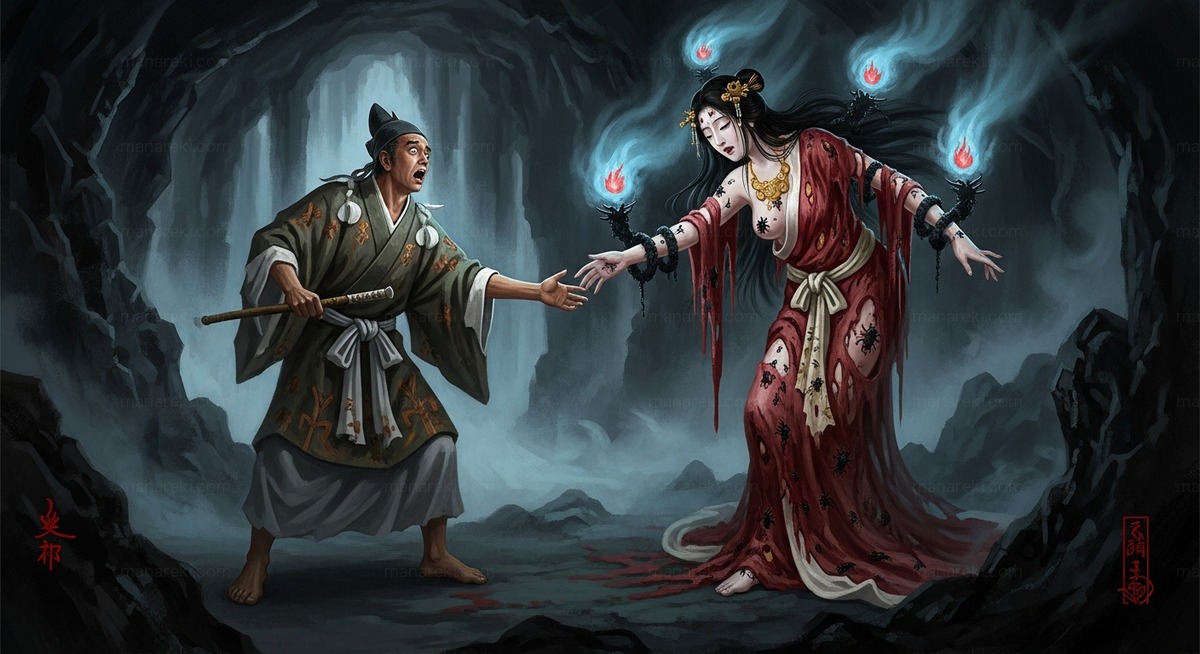 黄泉の国でイザナギが変わり果てたイザナミと対面する場面（Imagen 4 生成）