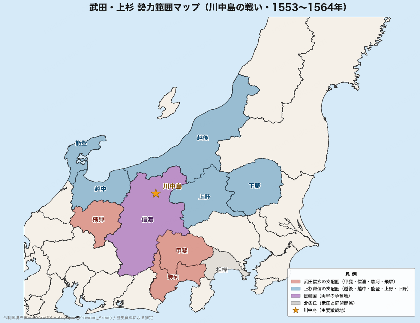 武田・上杉の勢力範囲マップ（川中島の戦い時代）