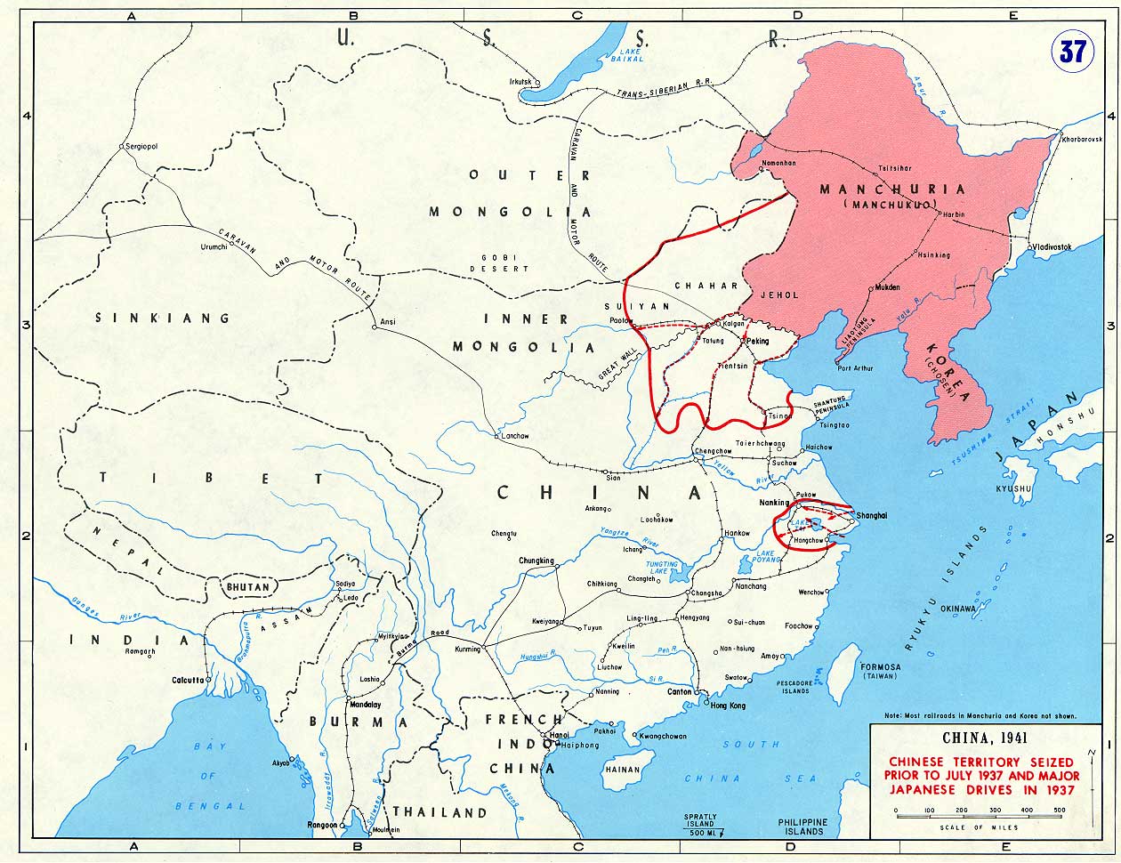 1937年の日中戦争の情勢図