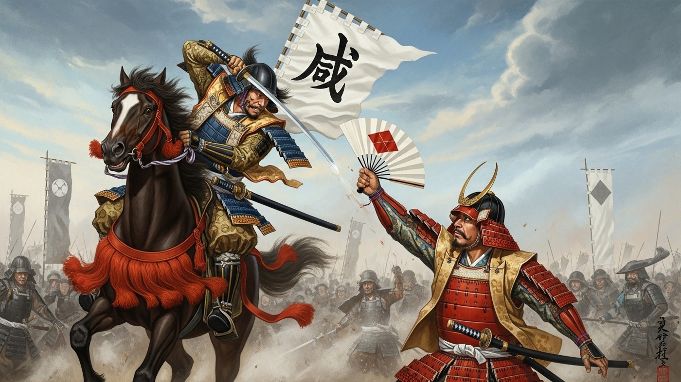 謙信と信玄の一騎打ち伝説イメージ（AI生成画像）