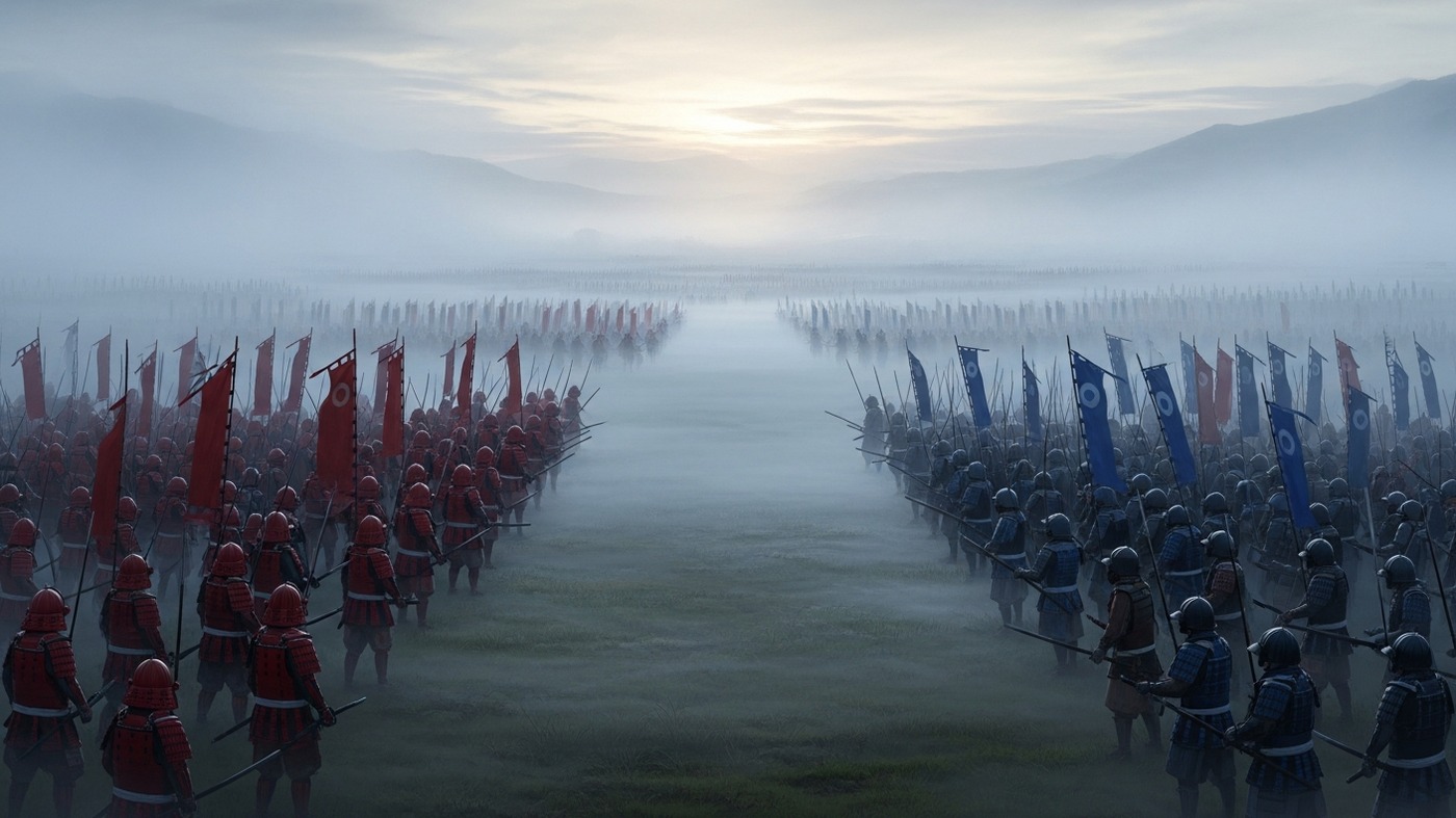 夜明け前の川中島、武田（赤）と上杉（青）が霧の中で対峙するイメージ（AI生成画像）