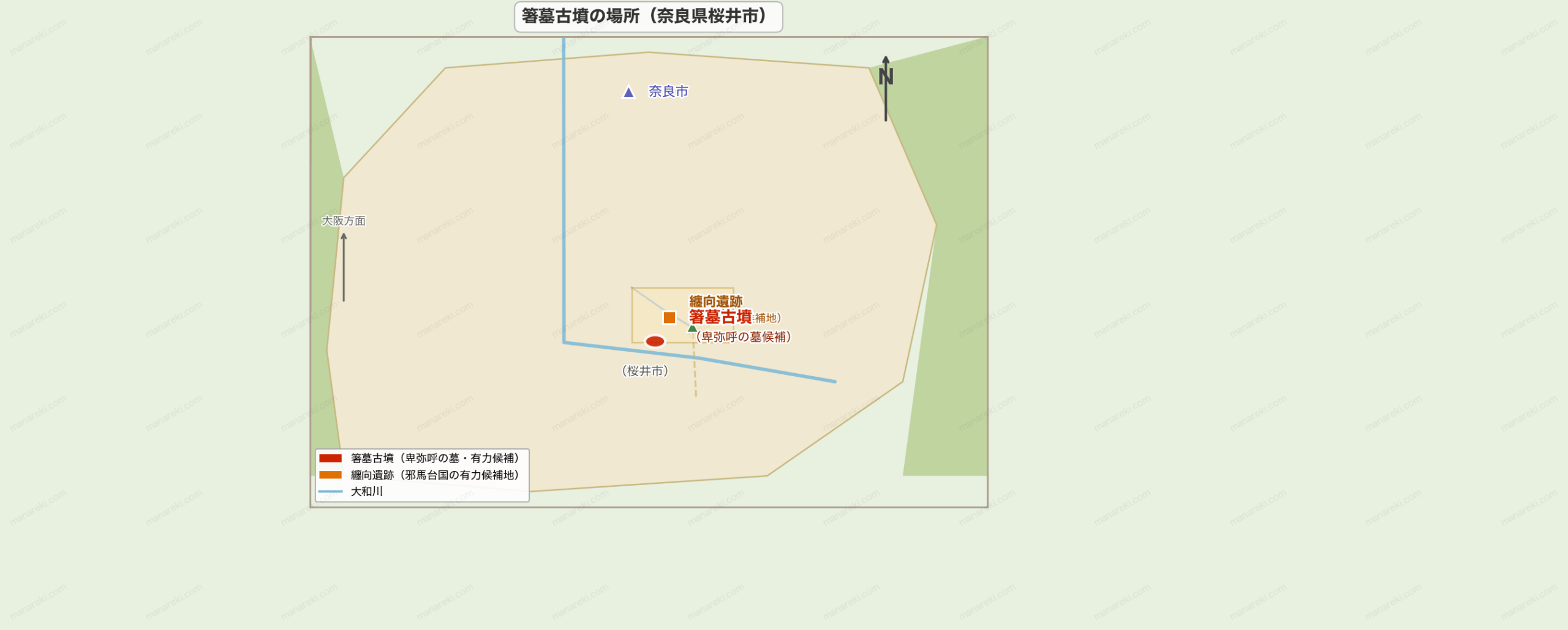 箸墓古墳の場所を示した地図。奈良県桜井市にあり、纏向遺跡の近くに位置する。