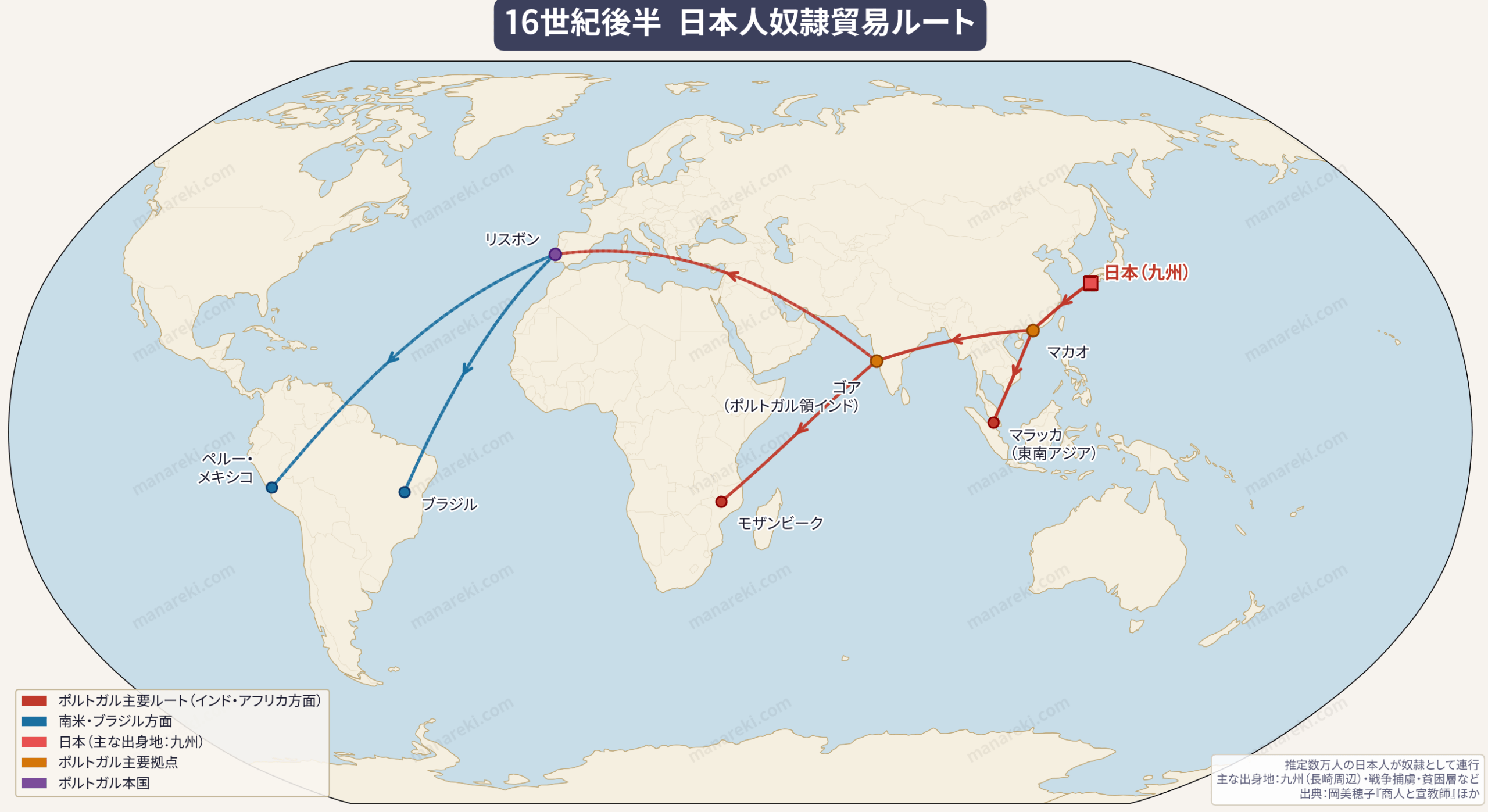 16世紀後半 日本人奴隷貿易ルート 世界地図