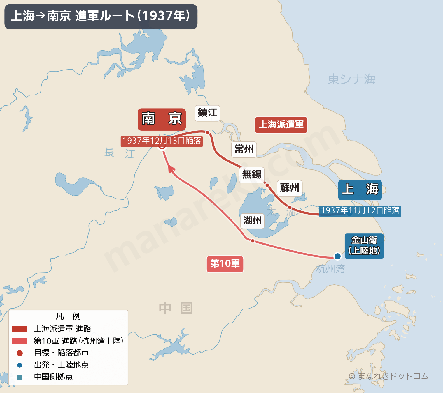 上海→南京 進軍ルートマップ（1937年）