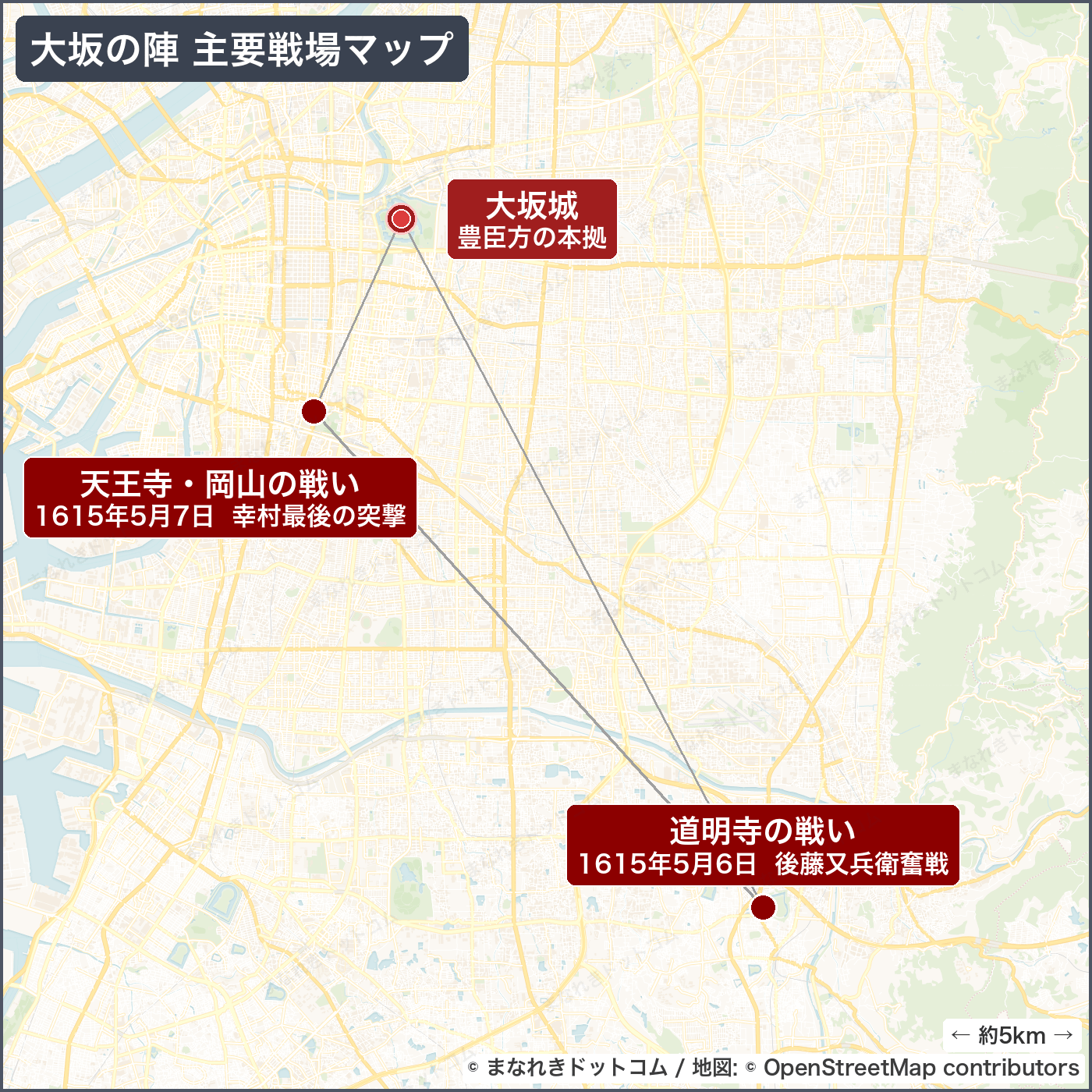 大坂の陣 主要戦場マップ（大坂城・天王寺の戦い・道明寺の戦い）