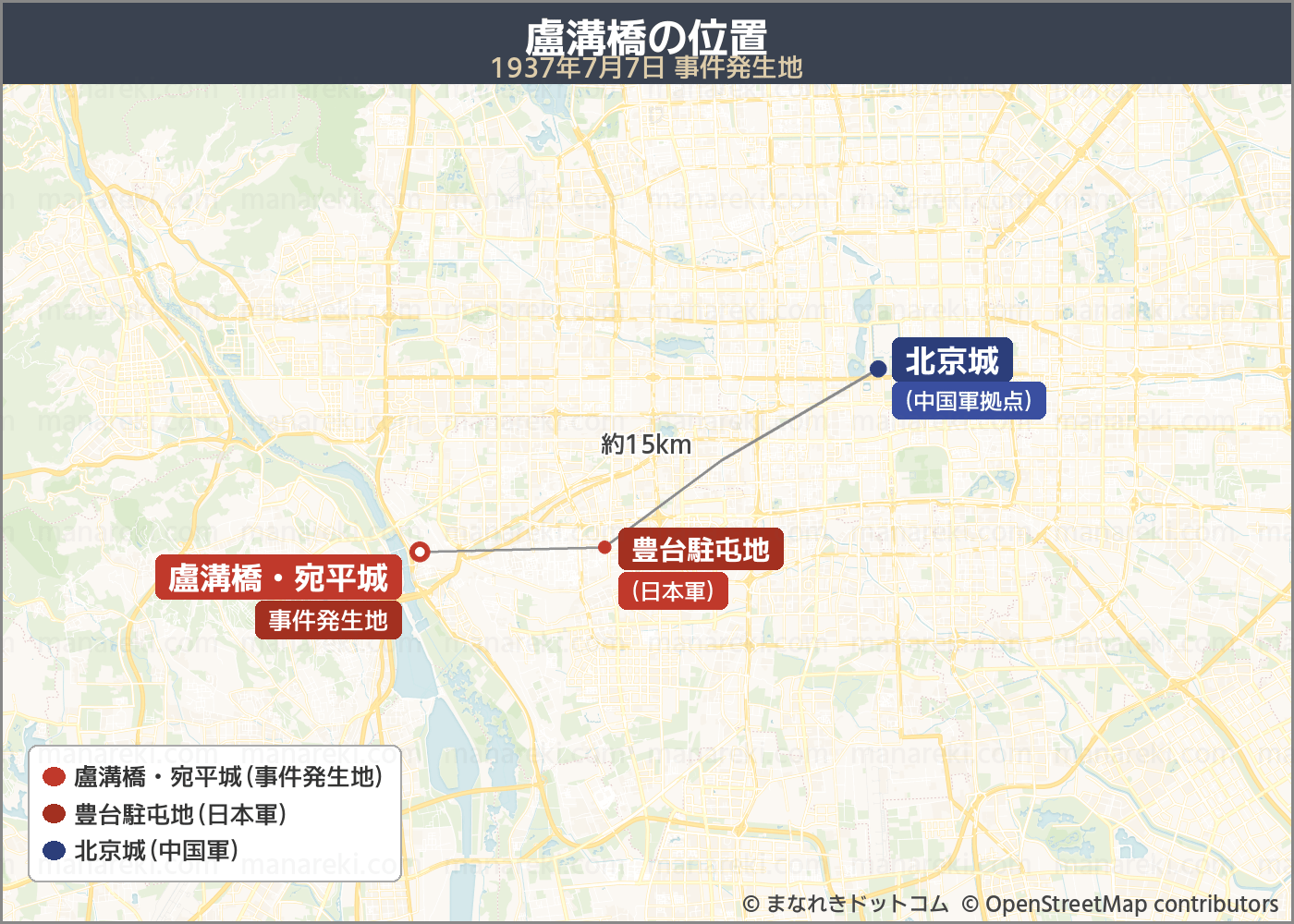 盧溝橋の位置マップ——北京城・豊台駐屯地との位置関係