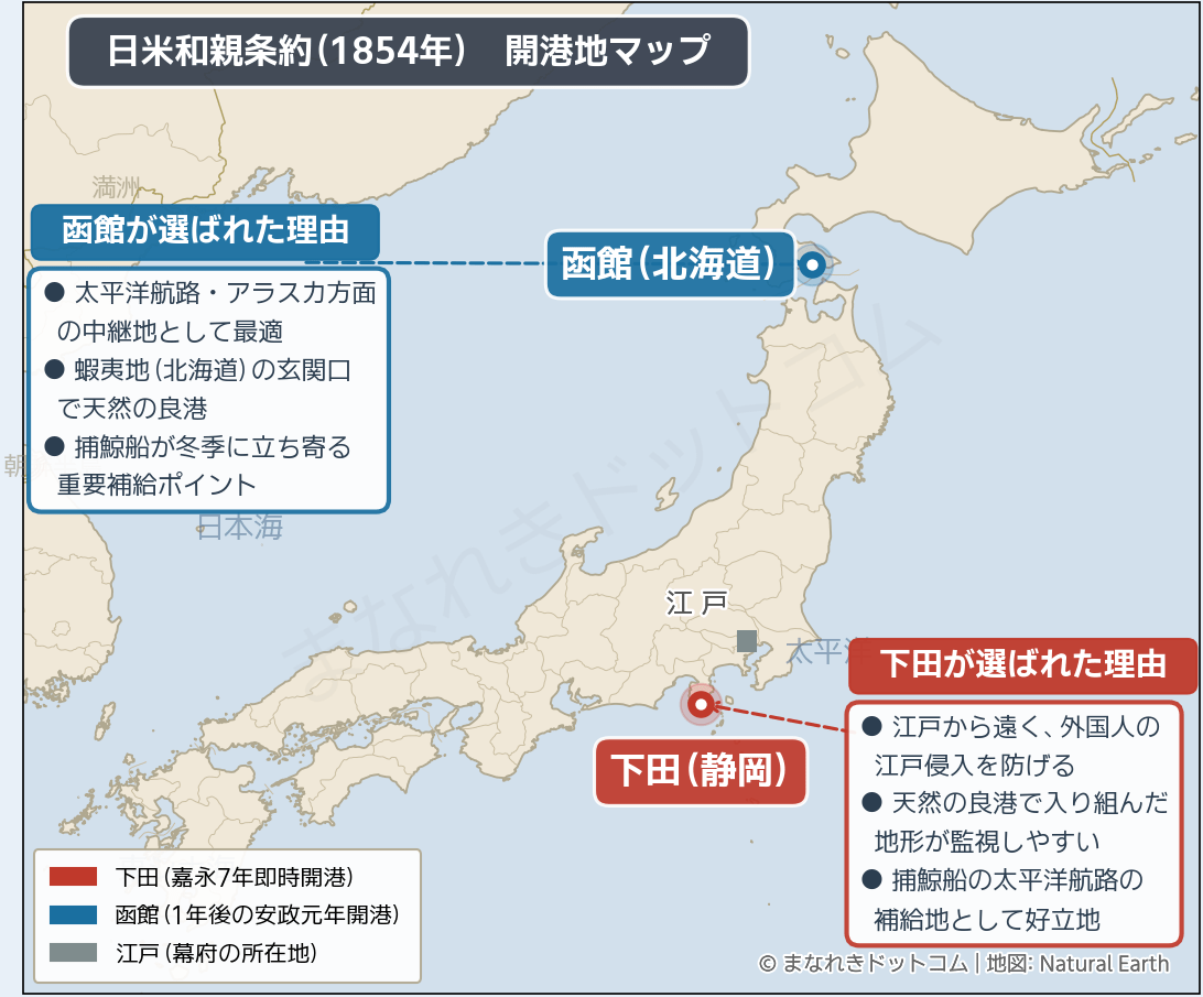 日米和親条約 下田と函館の開港地マップ
