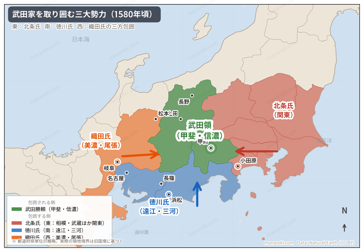 武田家を取り囲む三大勢力（1580年頃）の地図