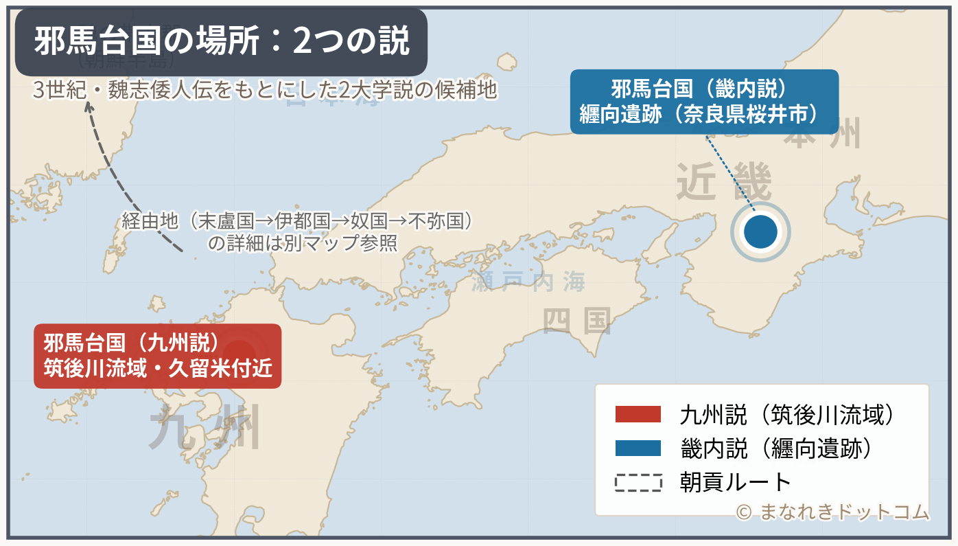 邪馬台国の場所：九州説と畿内説の比較地図