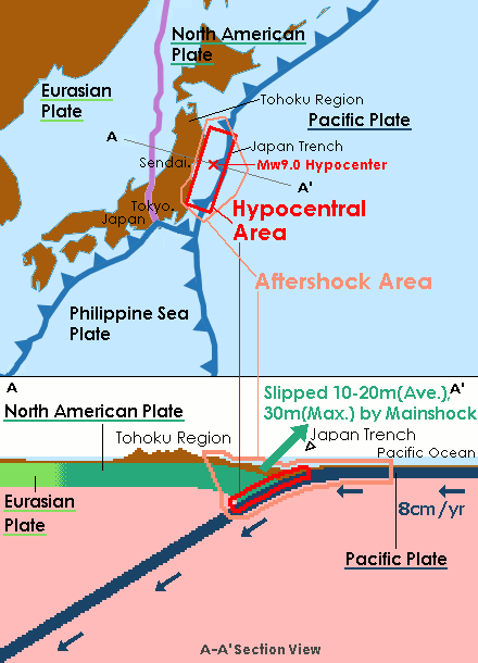 2011年東日本大震災（東北地方太平洋沖地震）の震源地と断層メカニズム図