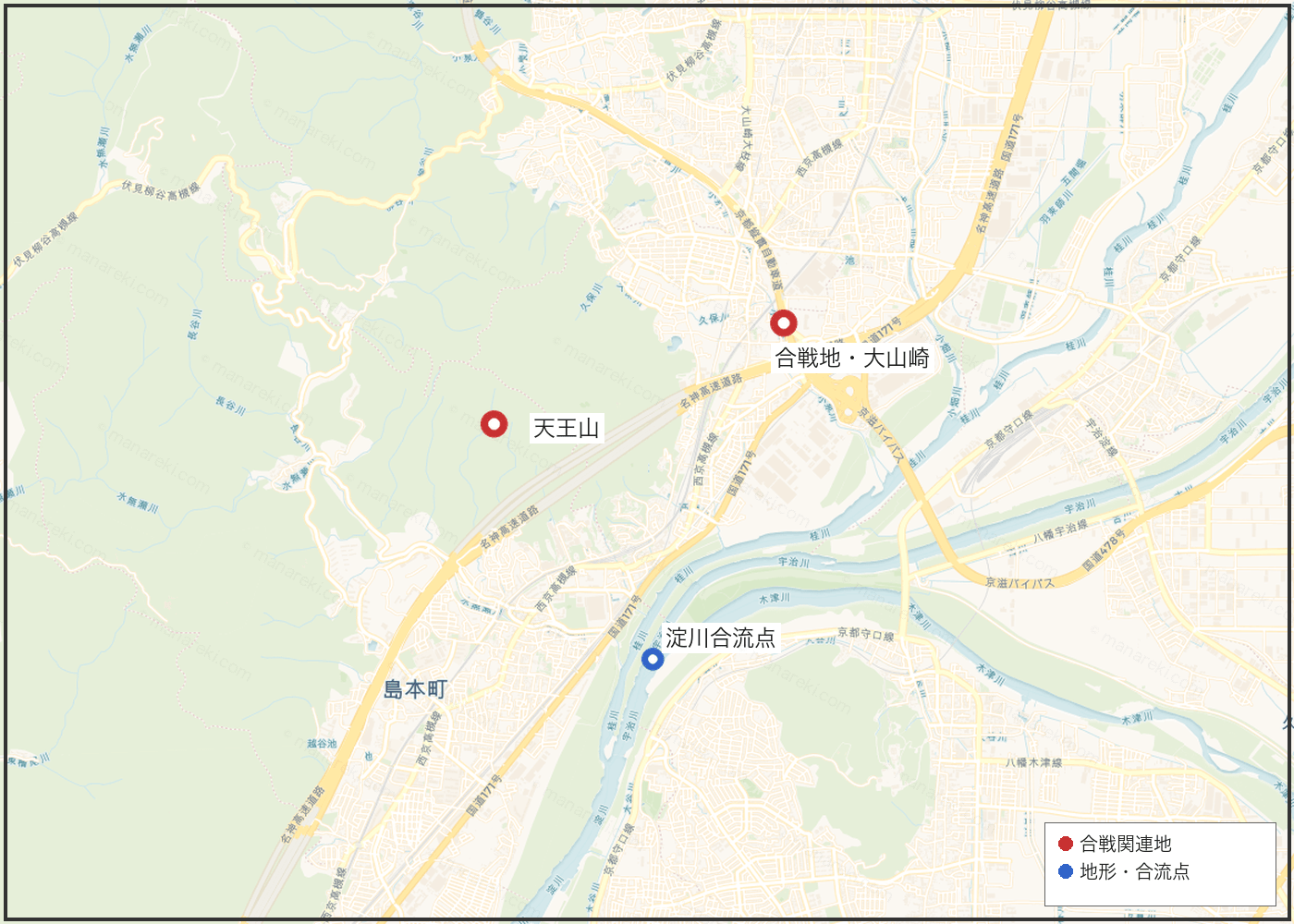 山崎の戦い・天王山周辺地形図（zoom14）