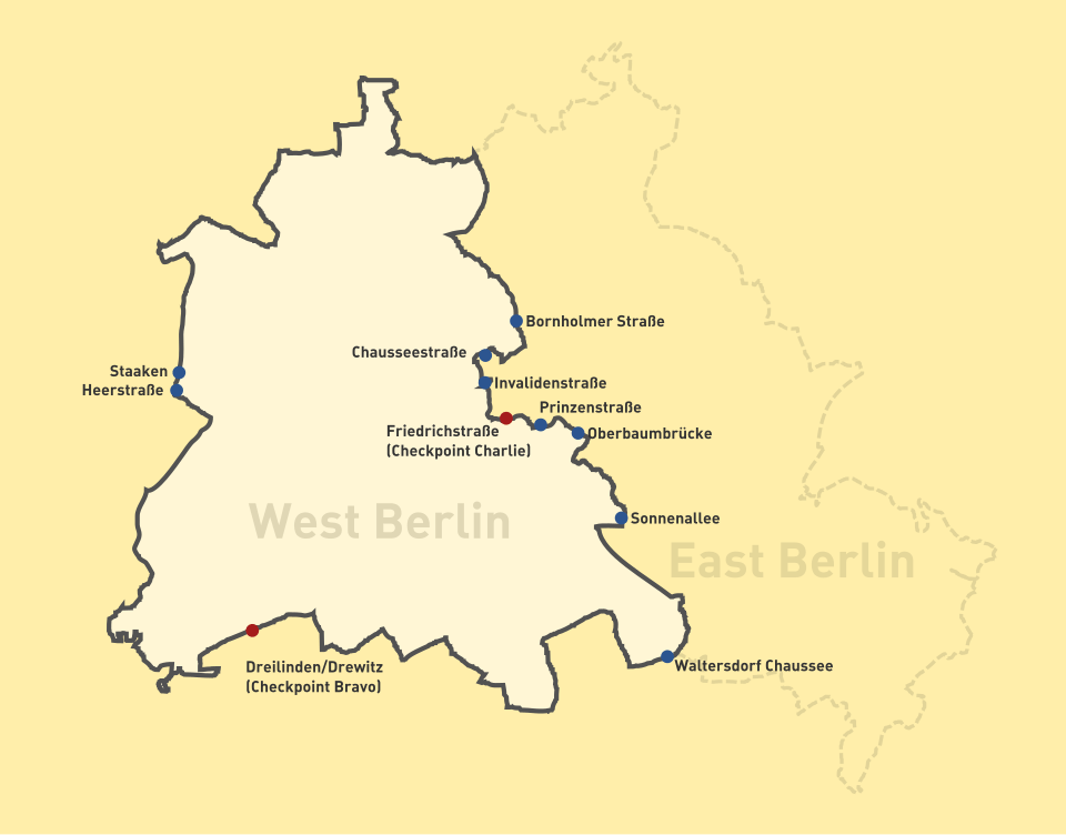 ベルリンの壁の位置を示す地図(赤線が壁、黄色エリアが西ベルリン)