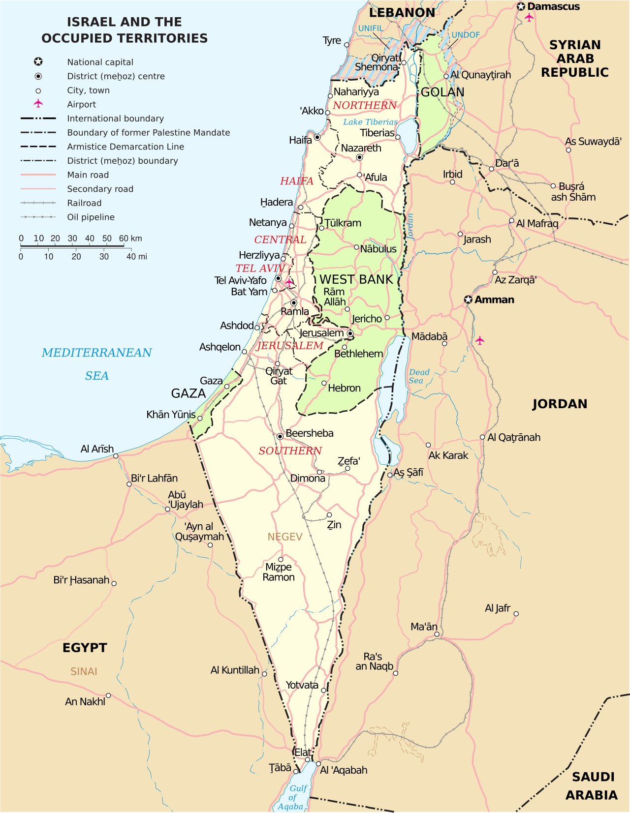 イスラエルと周辺国の地図(イラン・レバノン・シリア・ヨルダンを含む)