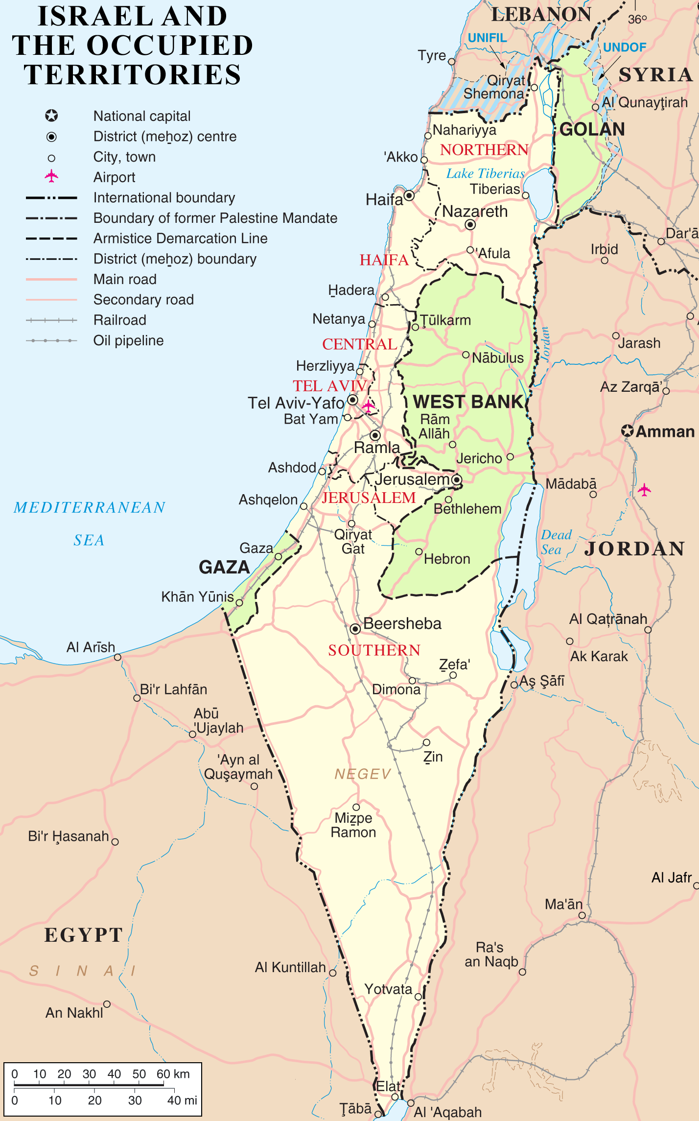 イスラエルと占領地(ゴラン高原・ヨルダン川西岸・ガザ地区)の地図