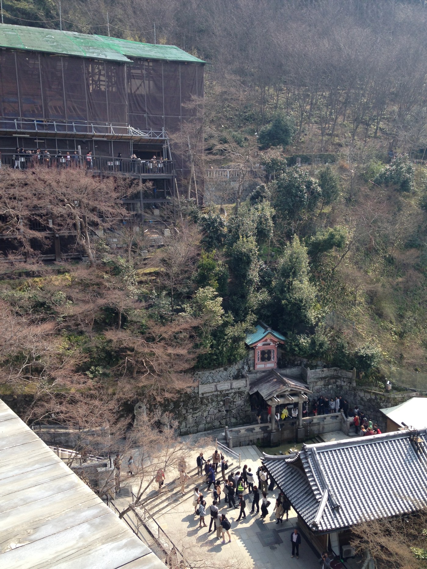 清水寺の奥の院から見た清水の舞台と音羽の滝