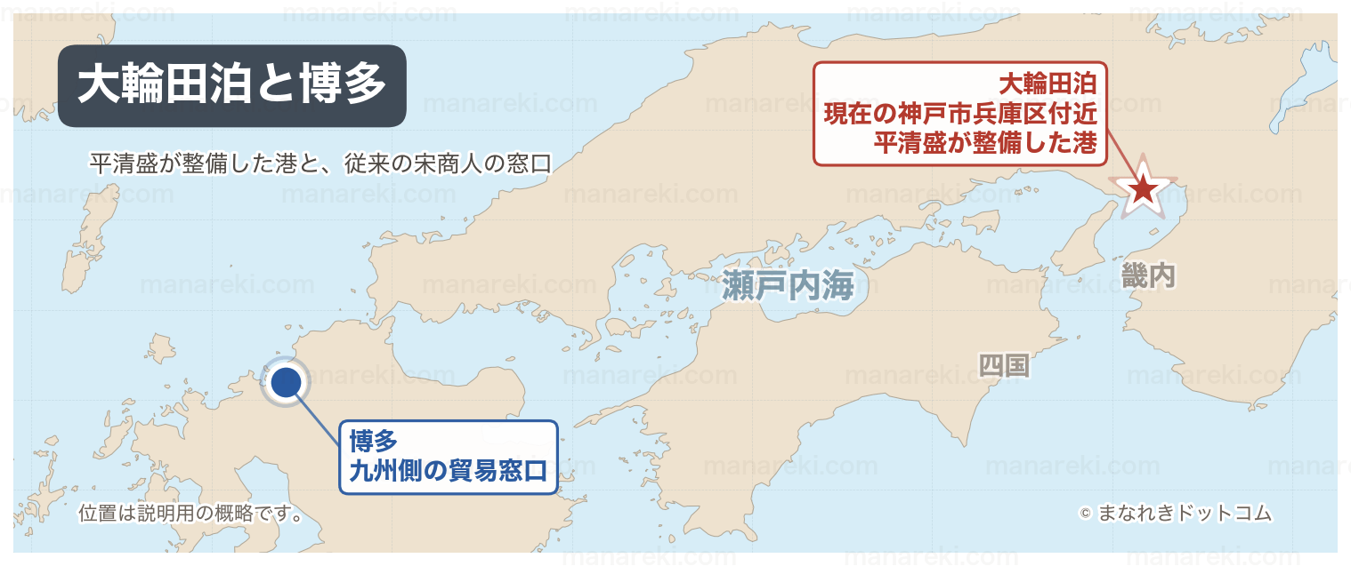 大輪田泊と博多港を結ぶ日宋貿易のルート地図