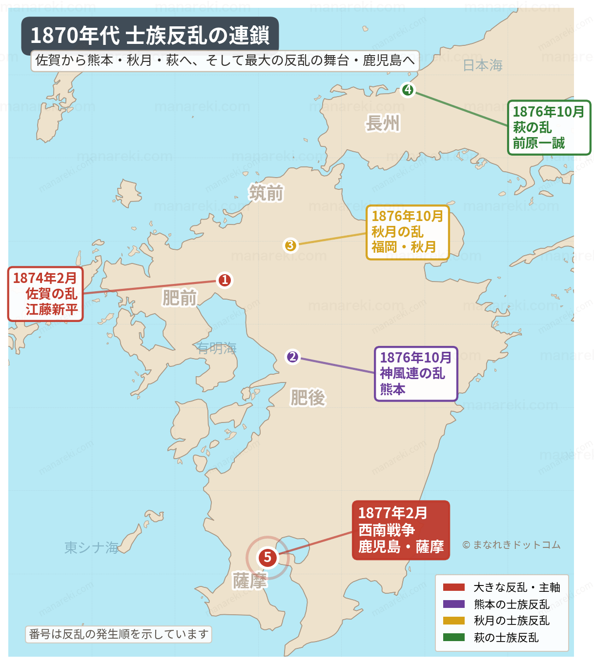 1870年代の士族反乱の地図
