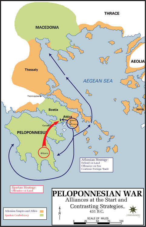 ペロポネソス戦争開戦時(前431年)のギリシア勢力図。デロス同盟とペロポネソス同盟の対立
