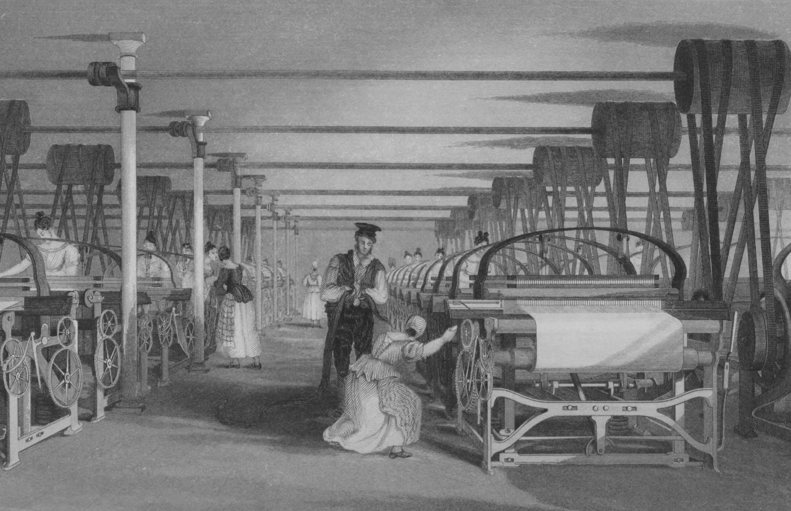 1835年の力織機による綿織物工場の様子（産業革命期）