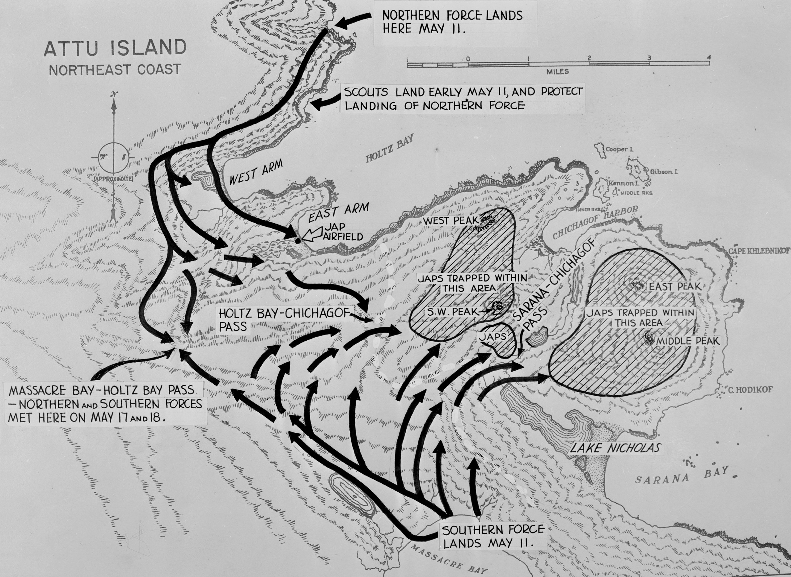 アッツ島の戦い 米軍の上陸経路図