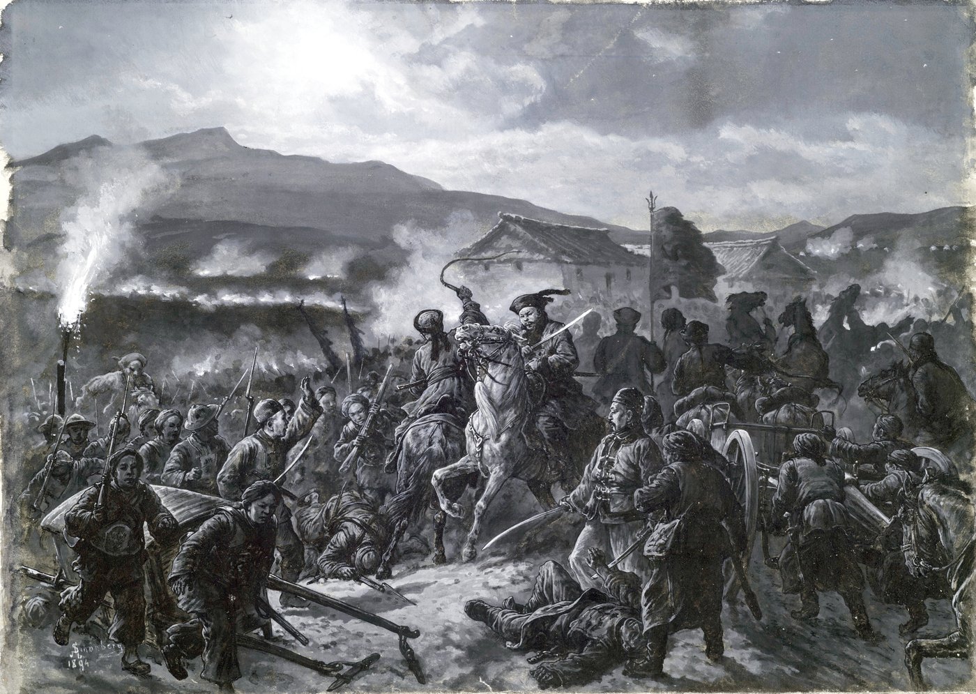 平壌の戦い（1894年）― 日清戦争の激戦を描いた錦絵。甲午農民戦争がきっかけとなって引き起こされた戦争