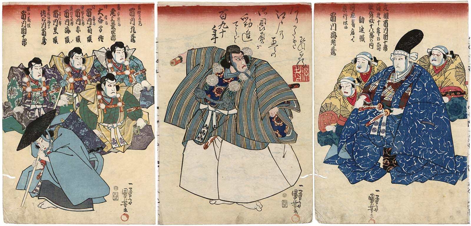 勧進帳の一場面（市川九蔵・市川海老蔵・市川団十郎8代・歌川国芳画）
