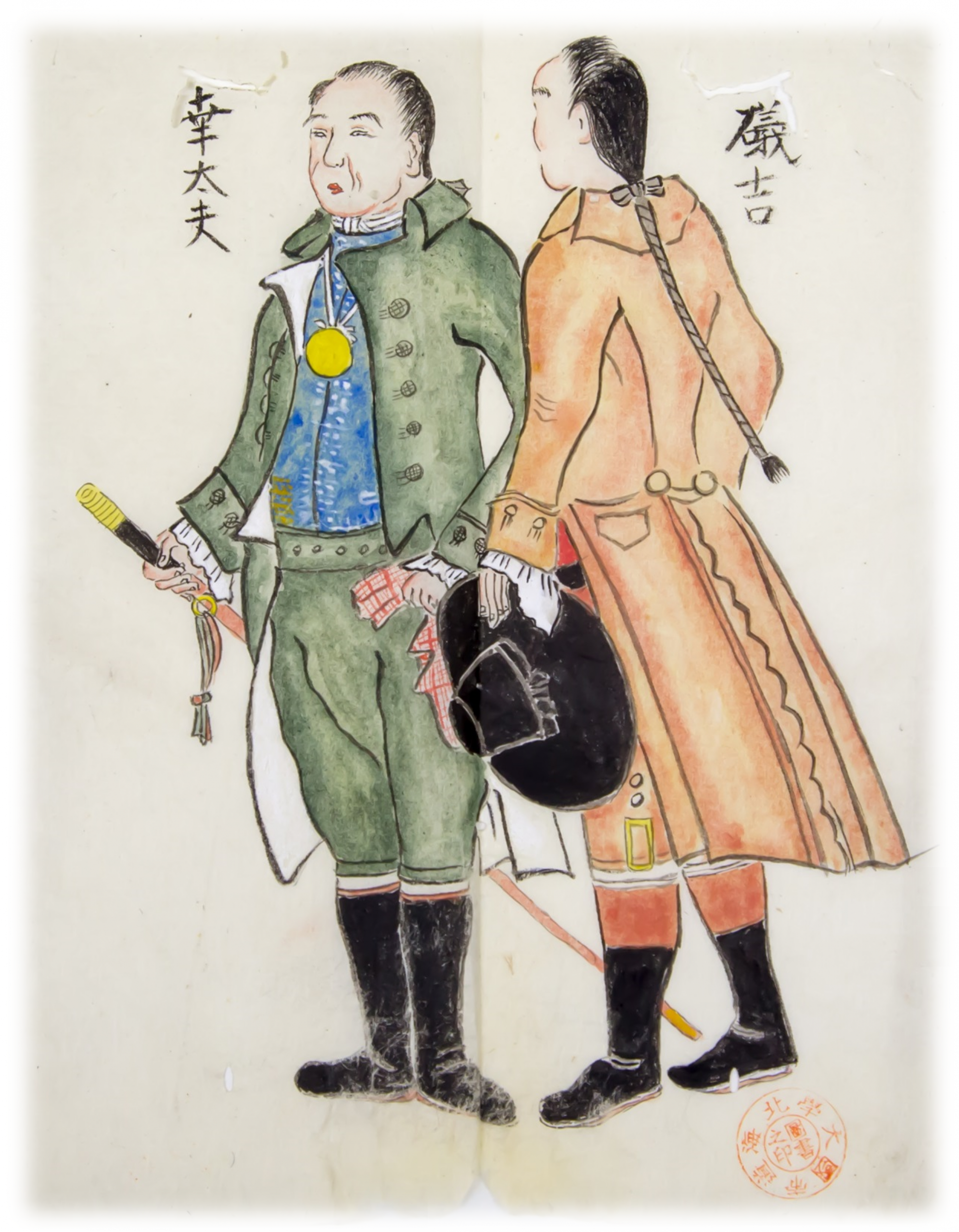 大黒屋光太夫(右)と磯吉(左)が1792年にラクスマンによって日本に返還されたときの図