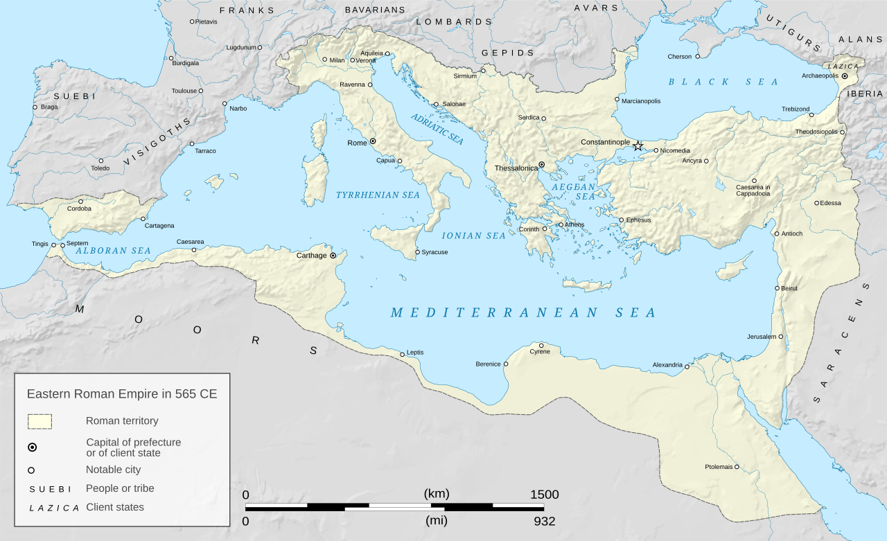 ユスティニアヌス1世時代のビザンツ帝国最大版図(565年)