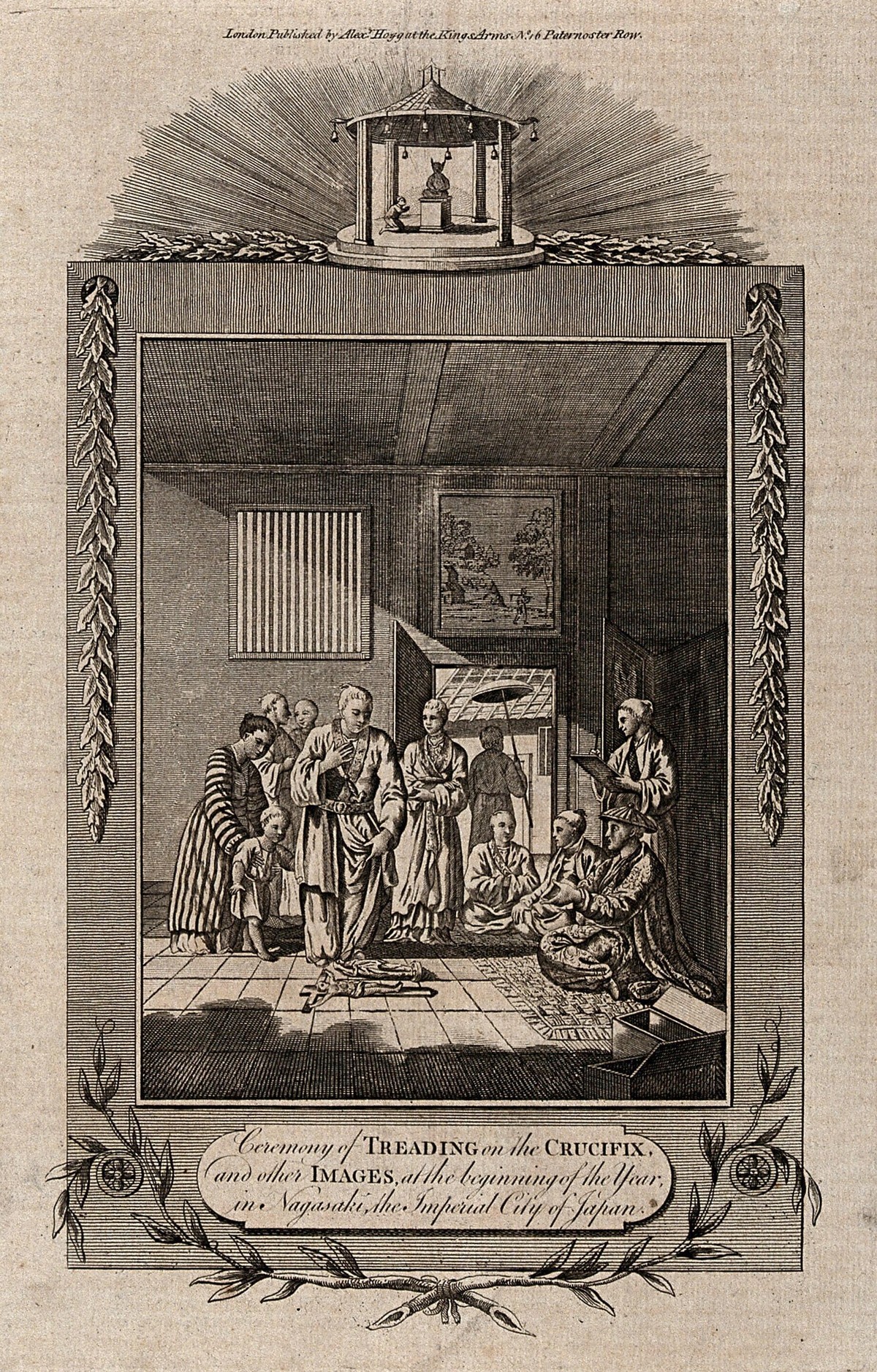 絵踏（踏み絵）の様子（J.H.ムーア画、1789年）。キリシタンを発見するため、キリストや聖母マリアの画像を踏ませた