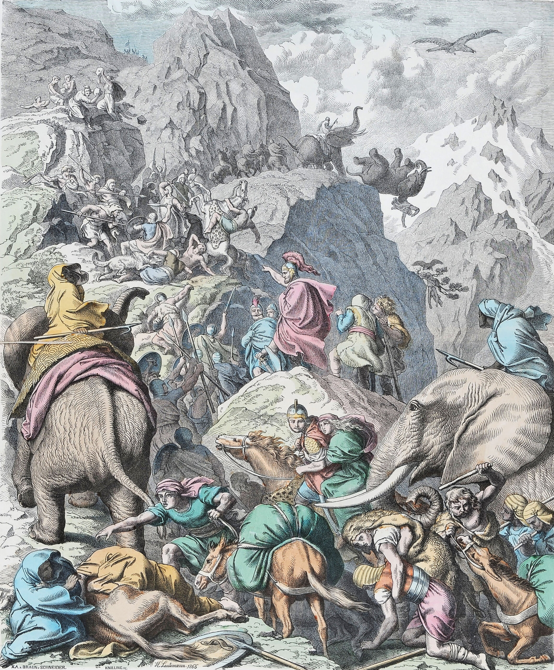 戦象とともにアルプス山脈を越えるハンニバルの軍勢を描いた絵画
