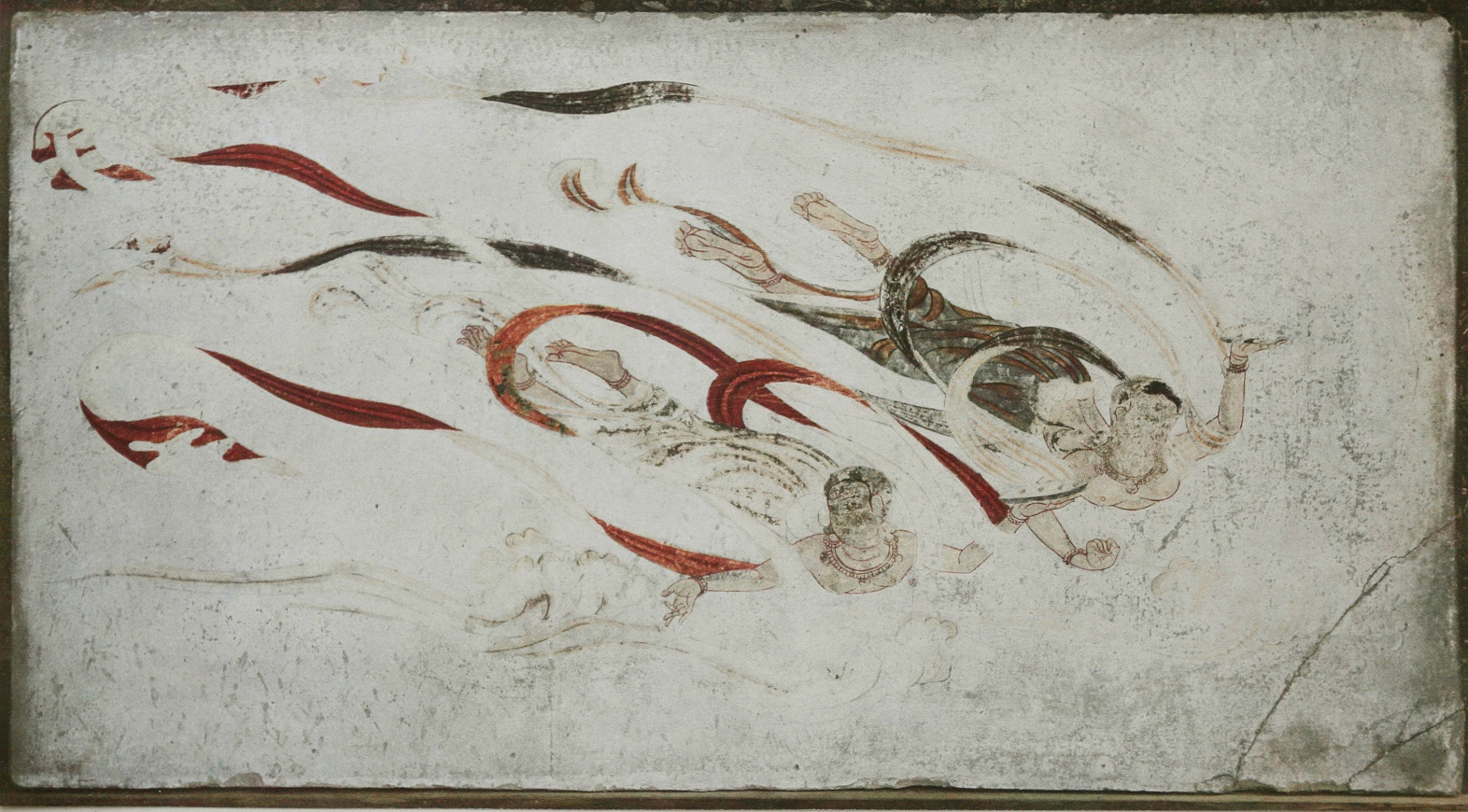 法隆寺金堂壁画の飛天(アプサラ)。グプタ様式の影響を受けた白鳳期の傑作絵画