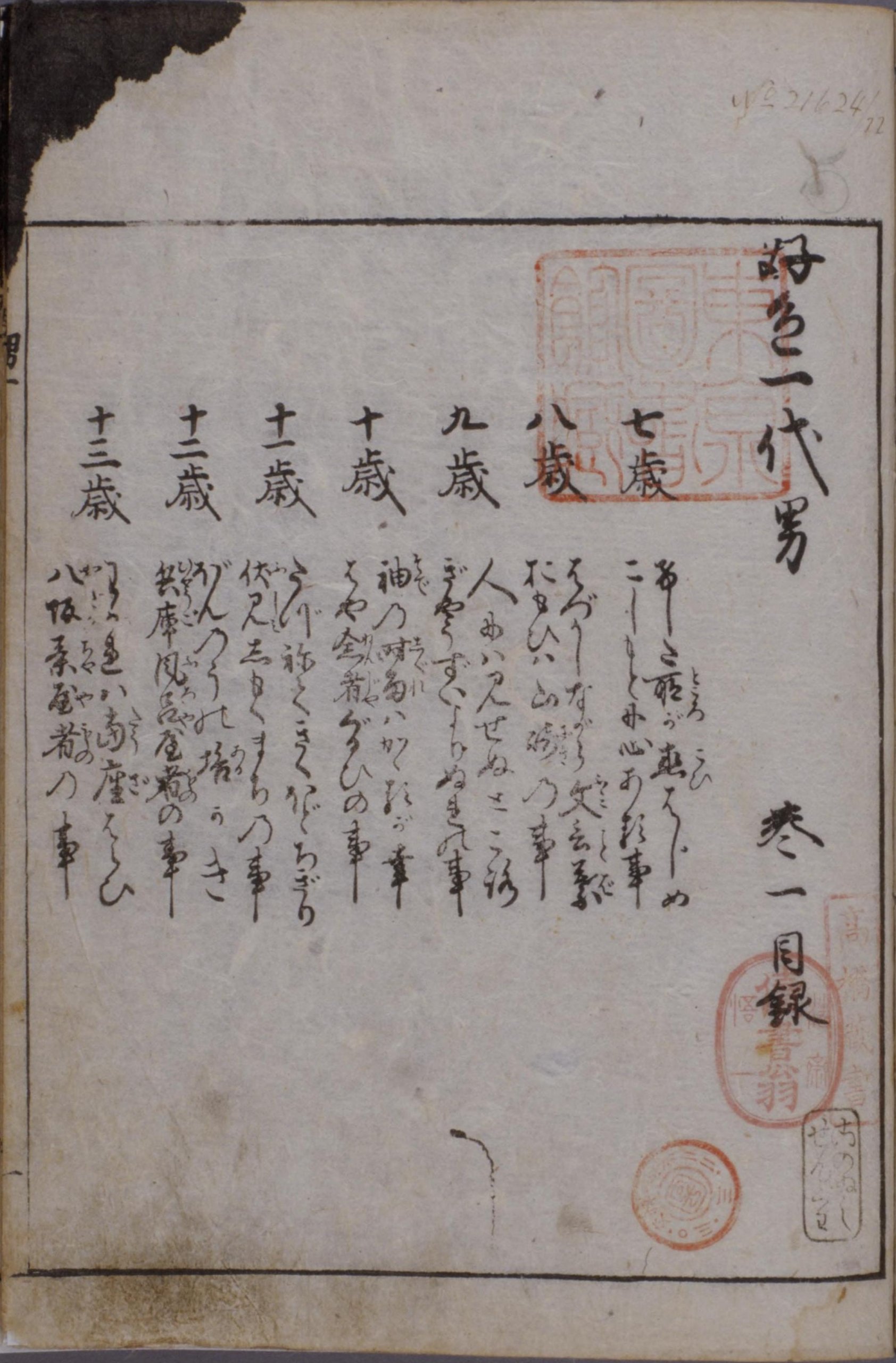 好色一代男 巻一 目録（井原西鶴 著、天和2年1682年刊、国立国会図書館デジタルコレクション蔵、パブリックドメイン）