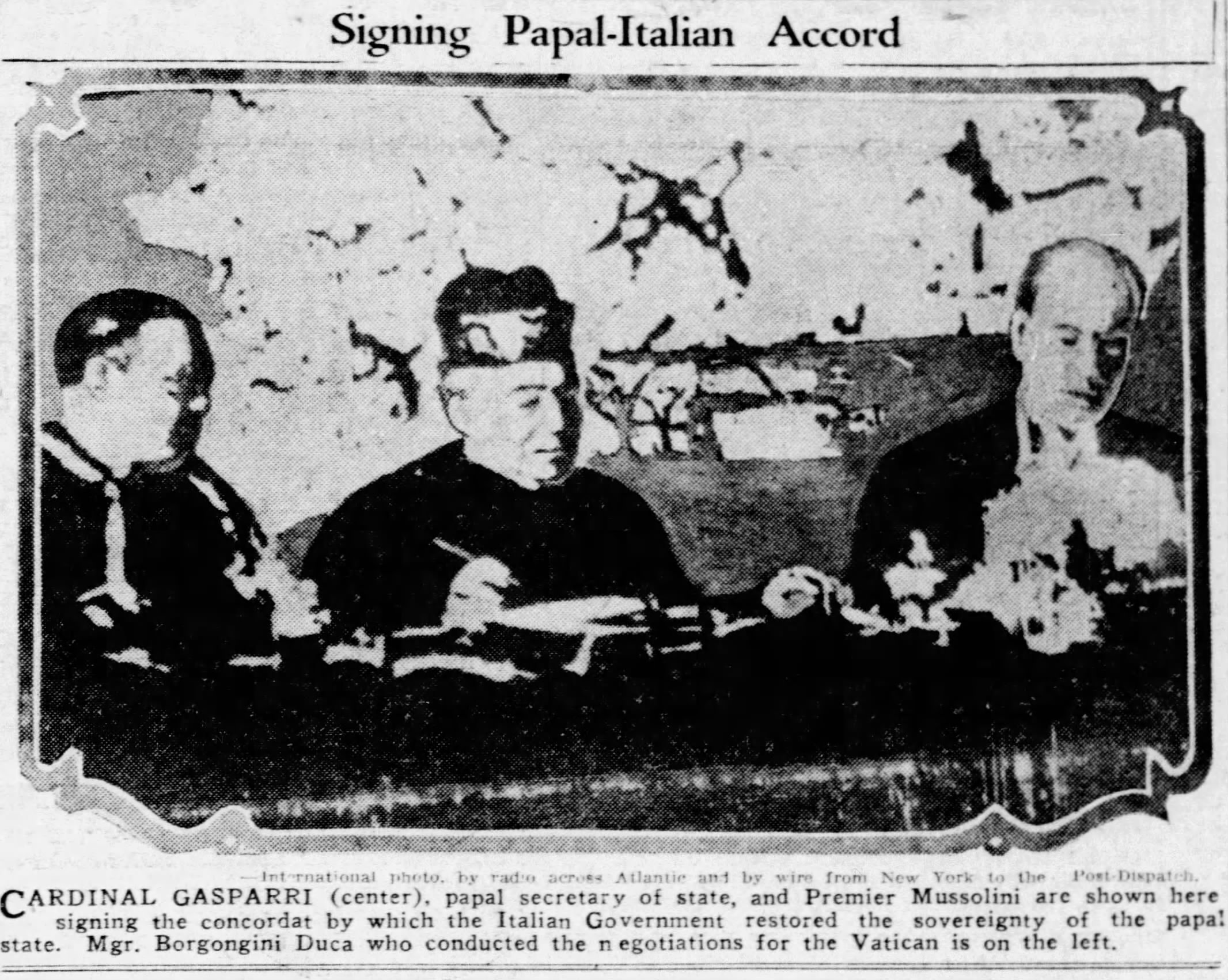1929年に調印されたラテラノ条約（教皇庁とイタリア政府の協定）