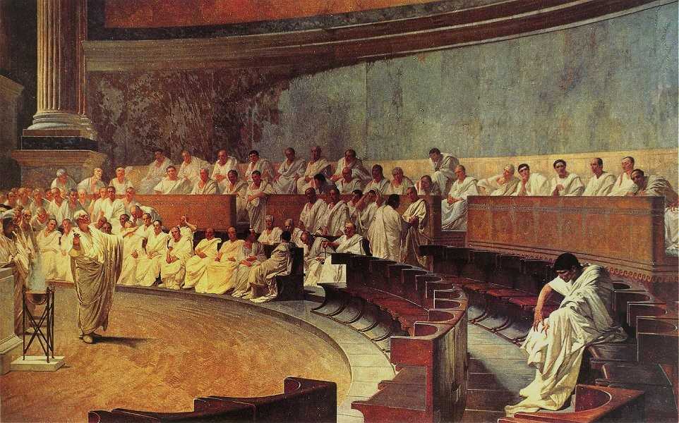 ローマの元老院で議員たちを前に演説するキケロを描いた絵画