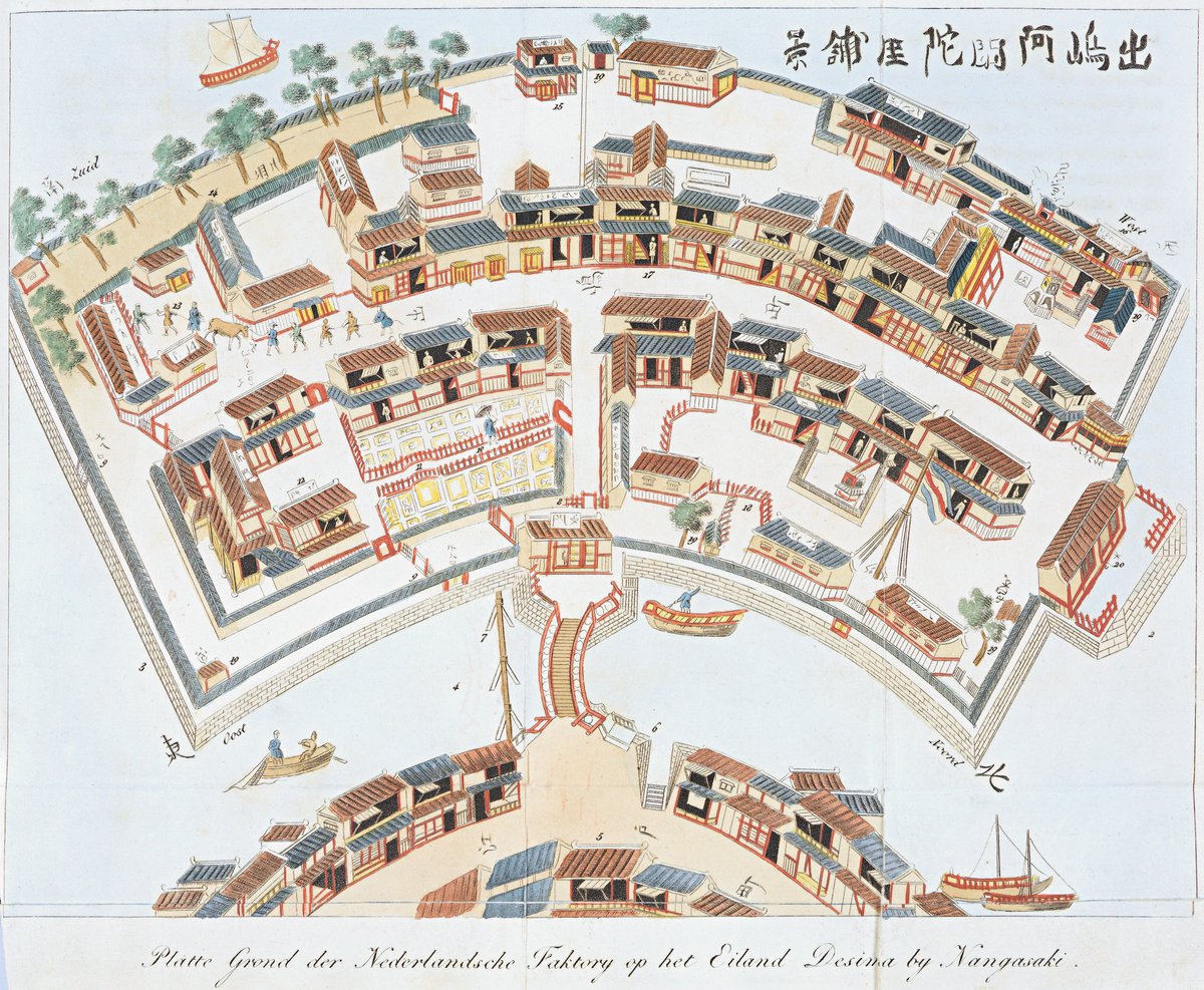 出島の平面図（Plattegrond van Deshima）。扇形の人工島に建物・庭・橋が描かれている