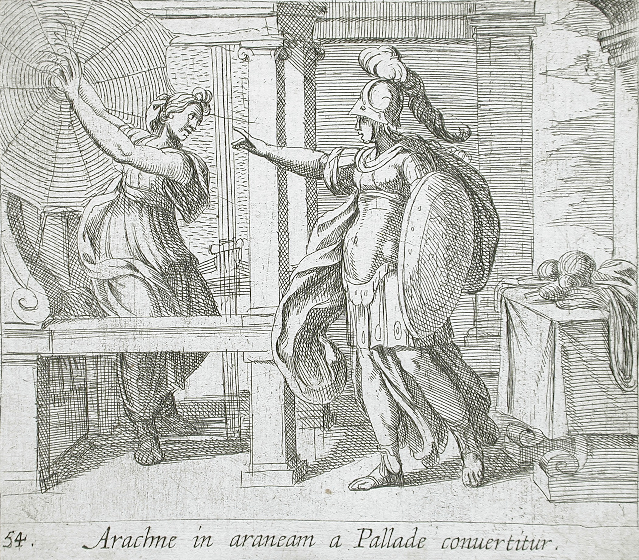 アテナがアラクネを蜘蛛に変える場面を描いた版画（Antonio Tempesta, 1606年）