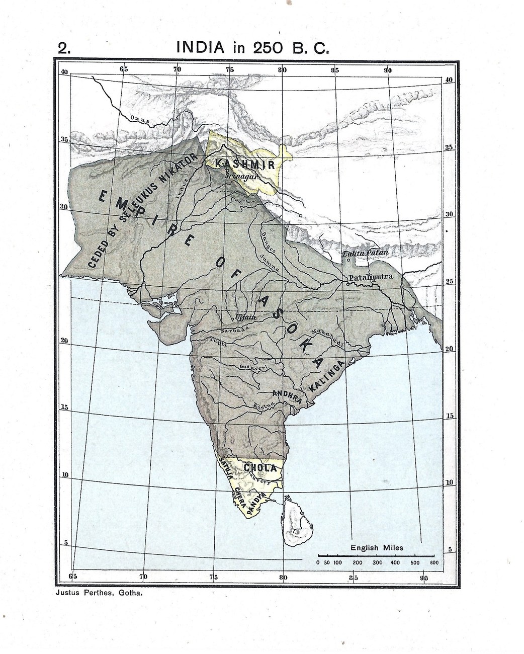 紀元前250年ごろのインドを描いた地図。アショーカ王の帝国が亜大陸の大部分を覆っている