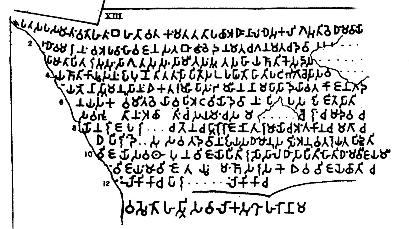 カリンガ戦争への悔恨を刻んだ磨崖碑第13章の模写図。ブラーフミー文字が並んでいる