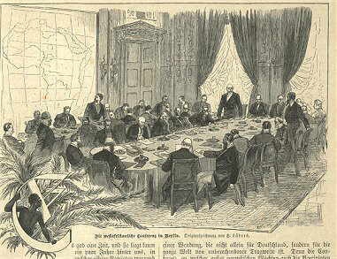 1884年ベルリン会議の様子。ヨーロッパ列強の代表者がアフリカ分割について協議している場面を描いたイラスト。