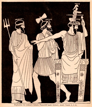 ゼウスの頭からアテナが生まれる場面の古代ギリシャ絵画