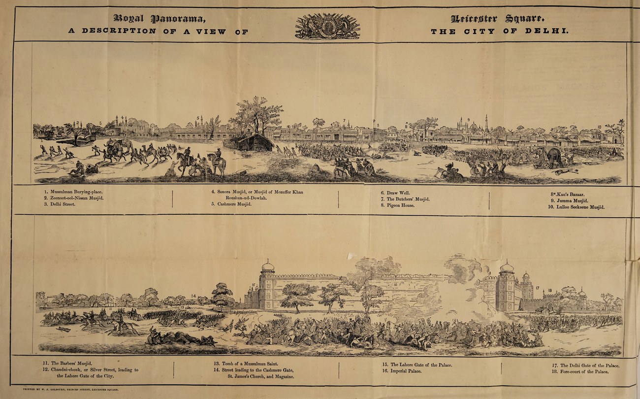 1857年のインド大反乱で、デリー市街を舞台にイギリス軍と反乱軍が戦う様子を描いた絵画