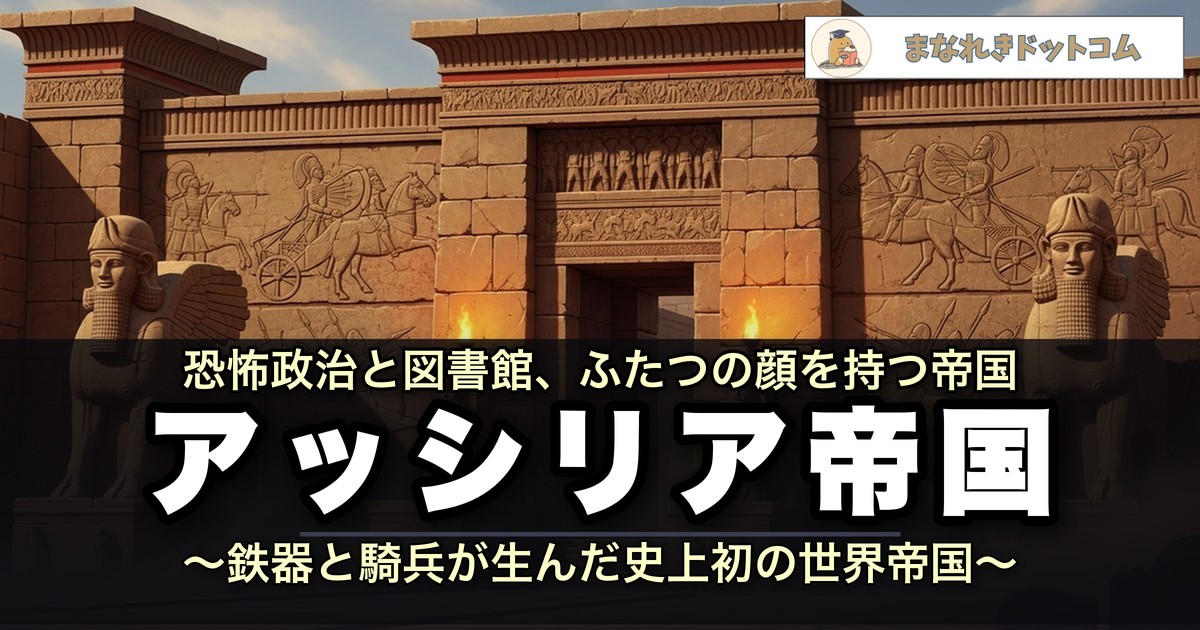 アッシリア帝国のアイキャッチ画像。ニネヴェ宮殿門とラマッス像、戦車のレリーフ
