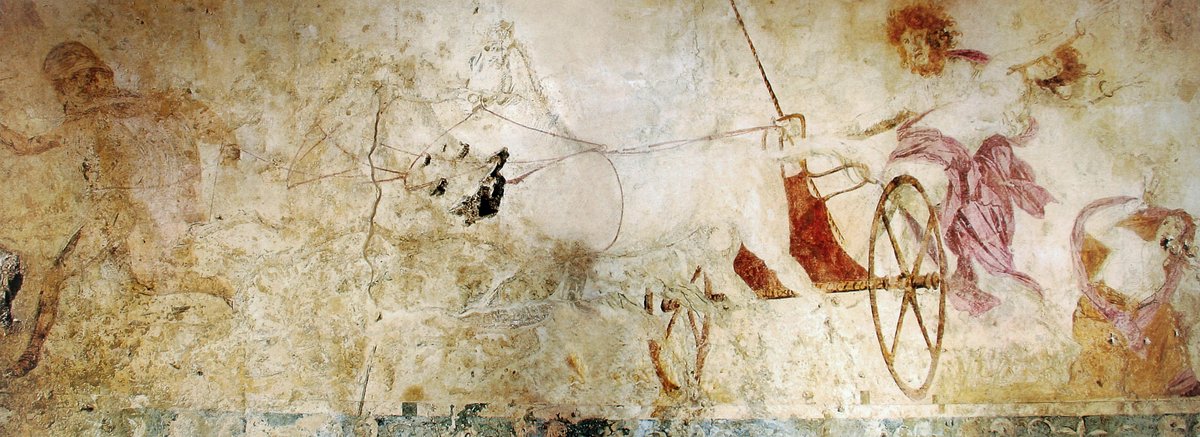 ハデスがペルセポネを冥界へ連れ去る場面を描いた古代の彫刻や絵画。大地が割れ、戦車に乗るハデスとペルセポネの姿が描かれている