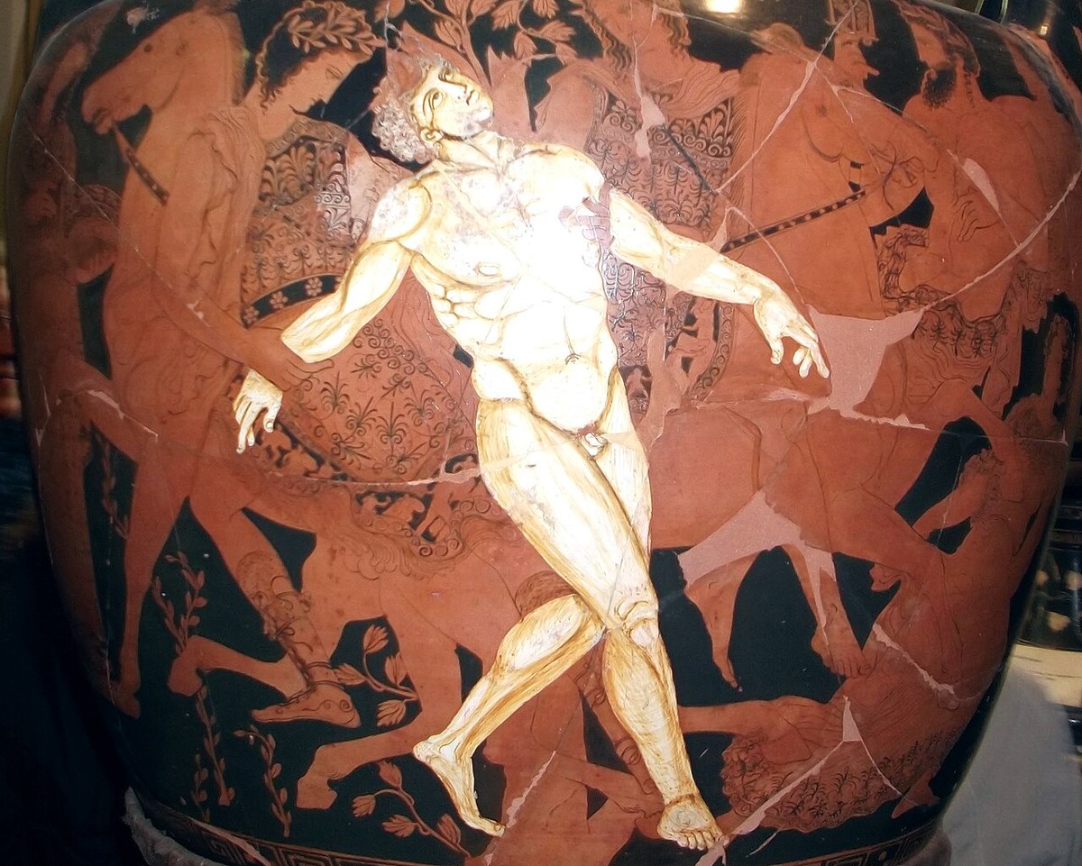 崩れ落ちる青銅の巨人タロスを白い肌で描いた古代ギリシャの赤絵式クラテル(壺)の一部